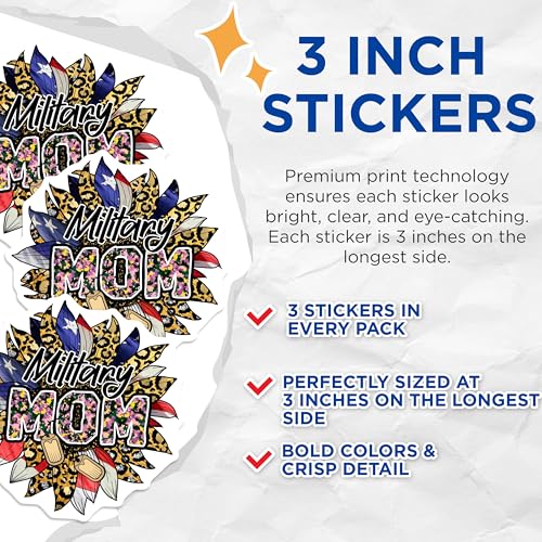 (3 Pack) Military Mom Decals - Camo Design - Flower Patriotic Decals - 3 Inches On Longest Side - Easy Peel & Apply - Made in USA - 3MCS4445