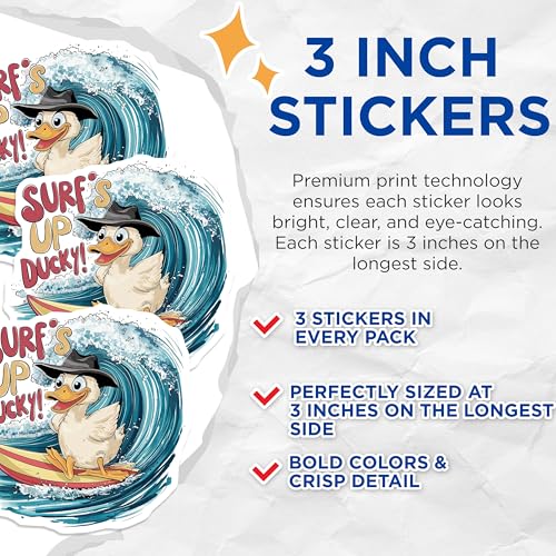 (3 Pack) Surfing Duck Decals - Laptop Decal - Funny Animal Decal - 3 Inches On Longest Side - Easy Peel & Apply - Made in USA - 3MCS7272