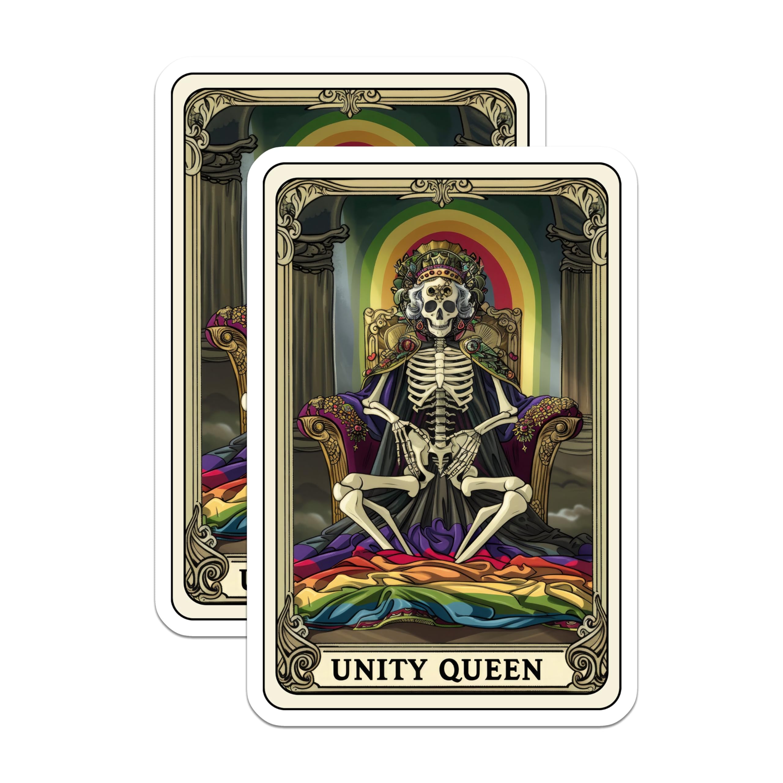(2 Pack) Unity Queen Skull Stickers - Rainbow Skeleton Throne Stickers - Unique Tarot Card Stickers for Laptop - 5" On Longest Side - Sticks to Smooth Flat Surfaces - Made in USA - BMCS4529