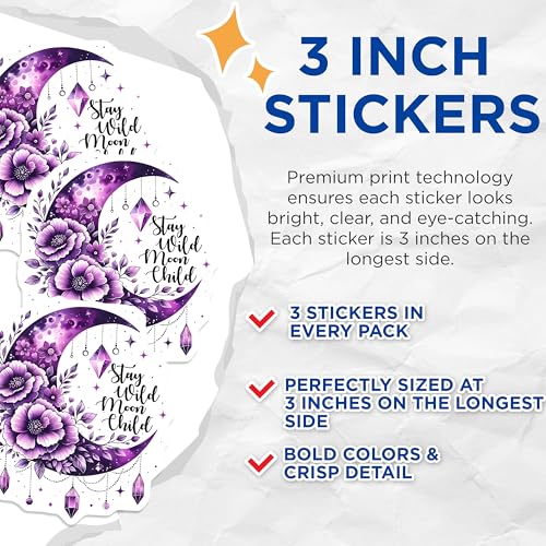 (3 Pack) Moon Child Decals - Wild Floral Decor - Purple Crystal Decals - 3 Inches On Longest Side - Easy Peel & Apply - Made in USA - 3MCS6831