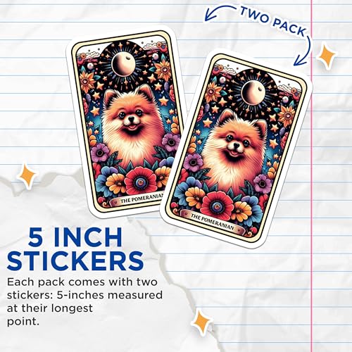 (2 Pack) Cute Pomeranian Dog Stickers - Space Flower Design Stickers - Cartoon Animal Art Stickers - 5" On Longest Side - Sticks to Smooth Flat Surfaces - Made in USA - BMCS5265