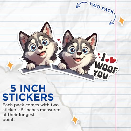 (2 Packs) I Woof You Husky Dog Stickers - Husky Dog Breed Decals - 5 Inches On Longest Side - Premium Vinyl Decal - Sticks to Any Smooth Flat Surface - Made in USA - BMCS2532
