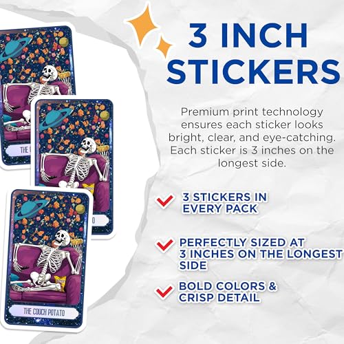 (3 Pack) Couch Potato Decals - Skeleton Art - Funny Tarot Card - 3 Inches On Longest Side - Easy Peel & Apply - Made in USA - 3MCS8746