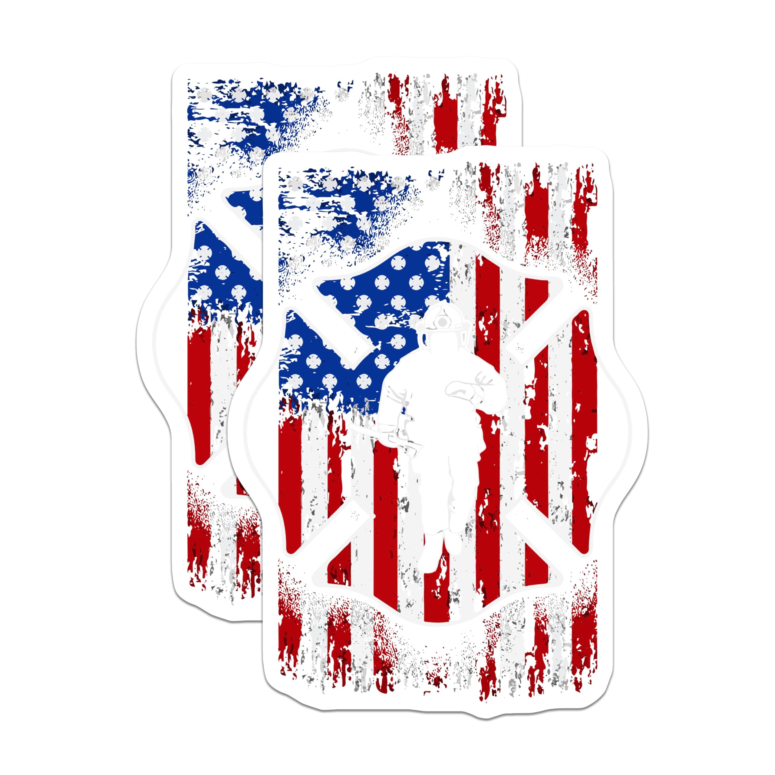 (2 Pack) Firefighter Hero Magnets - Distressed American Flag Art - Maltese Cross Emblem - Patriotic First Responder Support - 5 Inches On Longest Side - Thick Durable Magnet - Made in USA - MAG22900