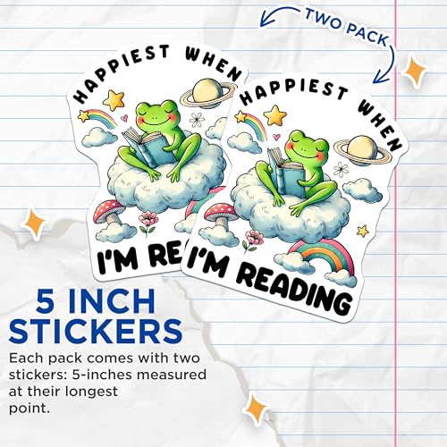 (2 Pack) Happiest When I'm Reading Stickers - Reading Frog - Book Lover Frog - 5" On Longest Side - Sticks to Smooth Flat Surfaces - Made in USA - BMCS7613