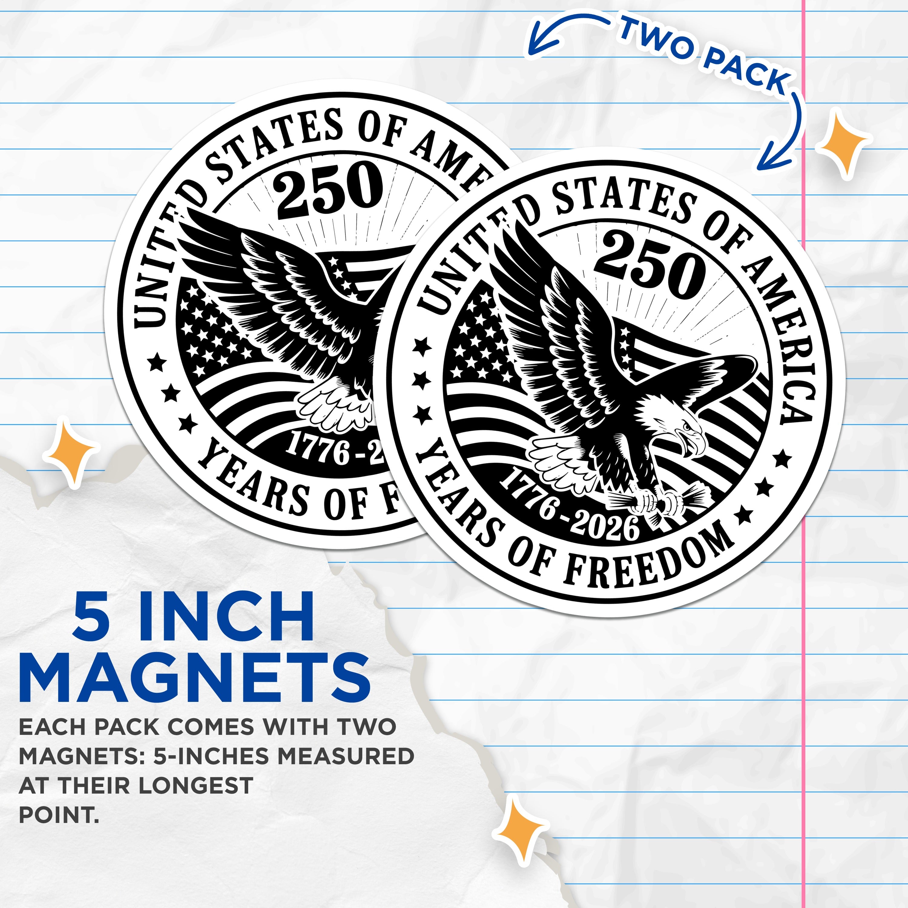 (2 Pack) 250 Years Freedom Magnets - US America Eagle Fridge Decor - 1776-2026 Patriotic Vehicle Commemorative Decals - 5 Inches On Longest Side - Thick Durable Magnet - Made in USA - MAG37061
