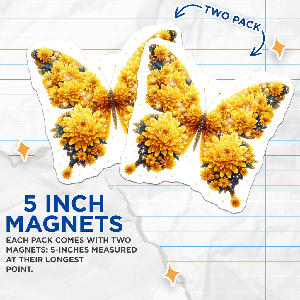 (2 Pack) Golden Butterfly Magnets - Sparkly Flower Decor - Nature Inspired Fridge Art - 5 Inches On Longest Side - Thick Durable Magnet - Made in USA - MAG37396