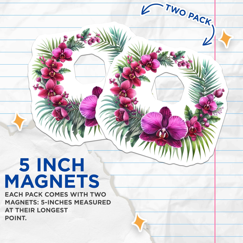 (2 Pack) Elegant Purple Orchid Magnets - Tropical Floral Wreath Decoration - Exotic Botanical Refrigerator Accents - 5 Inches On Longest Side - Thick Durable Magnet - Made in USA - MAG22620