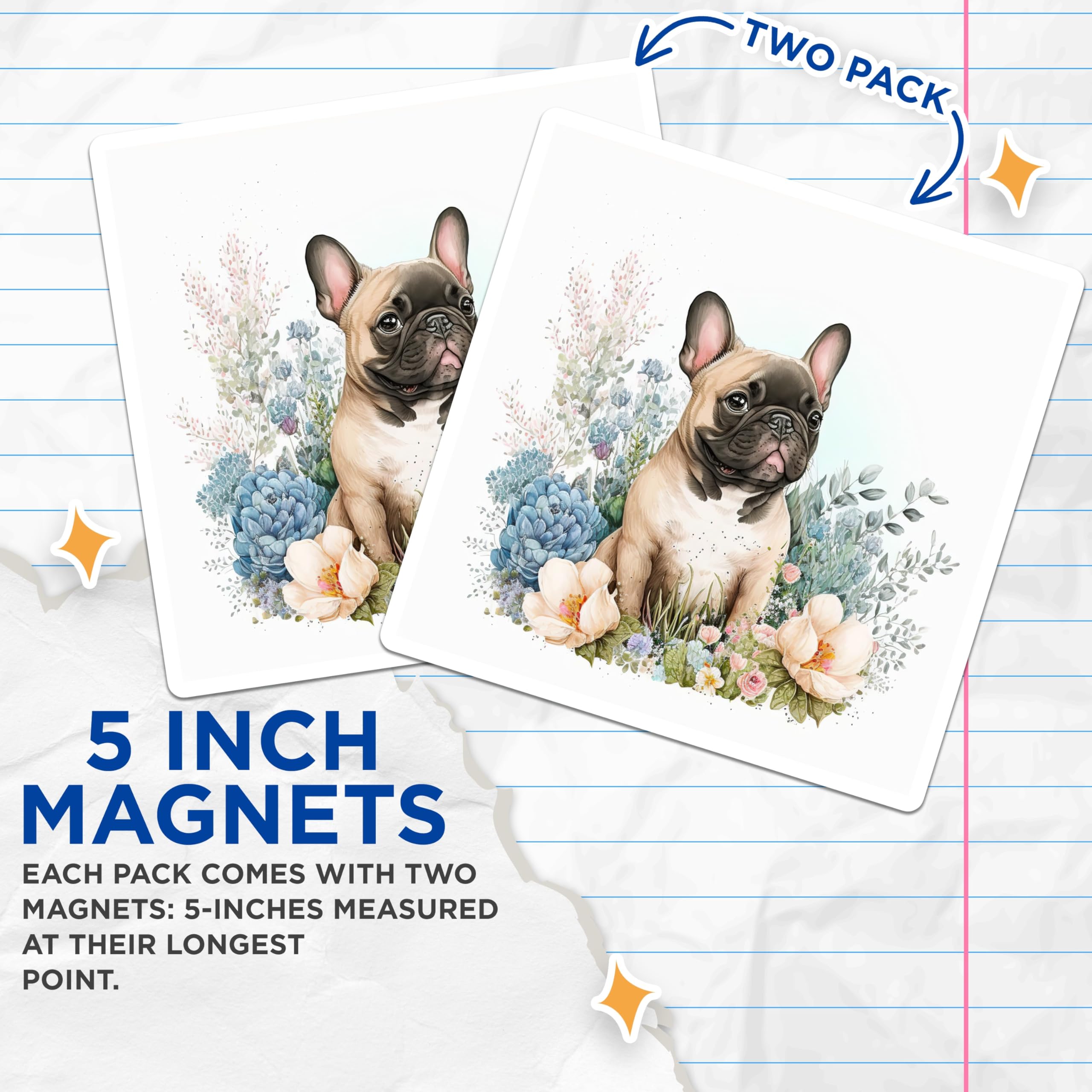 (2 Pack) French Bulldog Magnets - Floral Dog Decor - Cute Puppy Fridge Decor - 5" On Longest Side - Premium Magnet - for Cars, Refrigerators, Toolboxes, Lockers - Made in USA - MAG15323