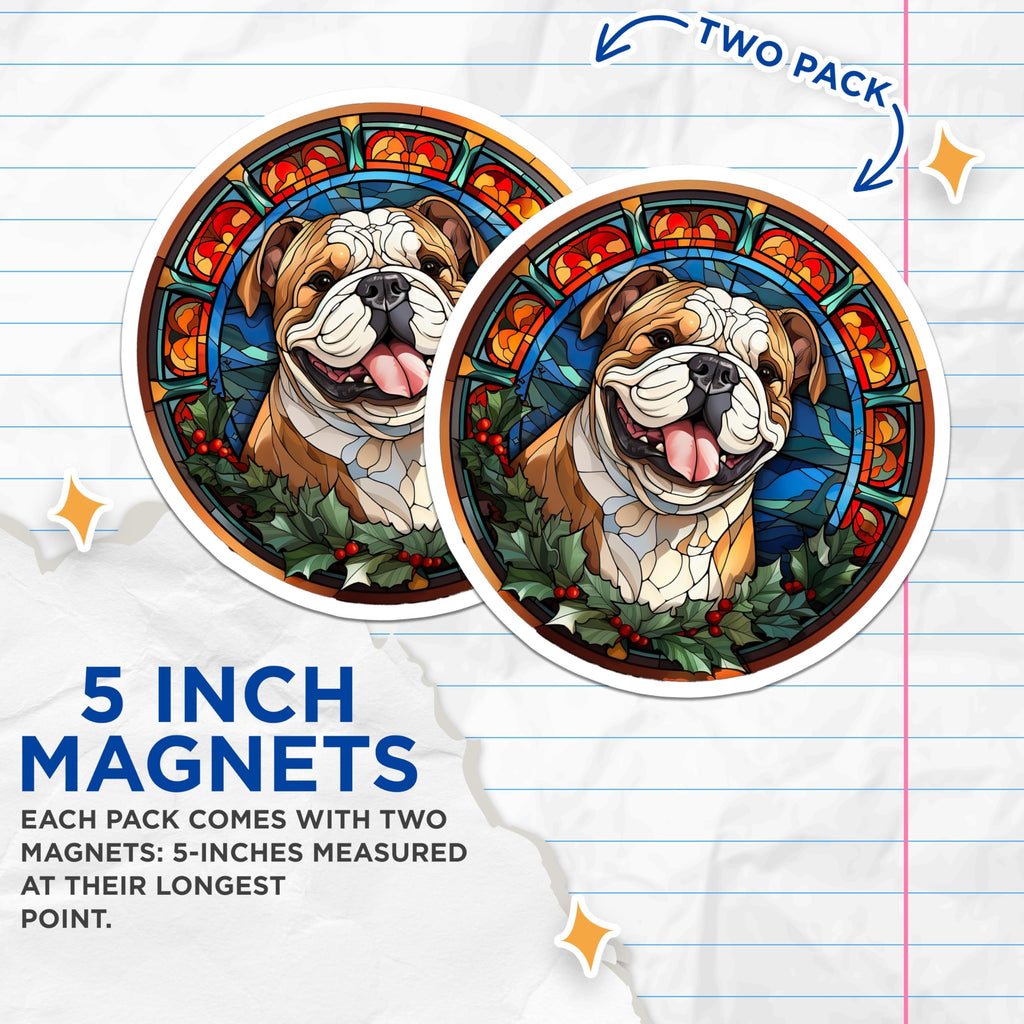 (2 Pack) Stained Glass Bulldog Magnets - Christmas Holiday Pet Decor - Festive Dog Refrigerator Art - 5 Inches On Longest Side - Thick Durable Magnet - Made in USA - MAG23602