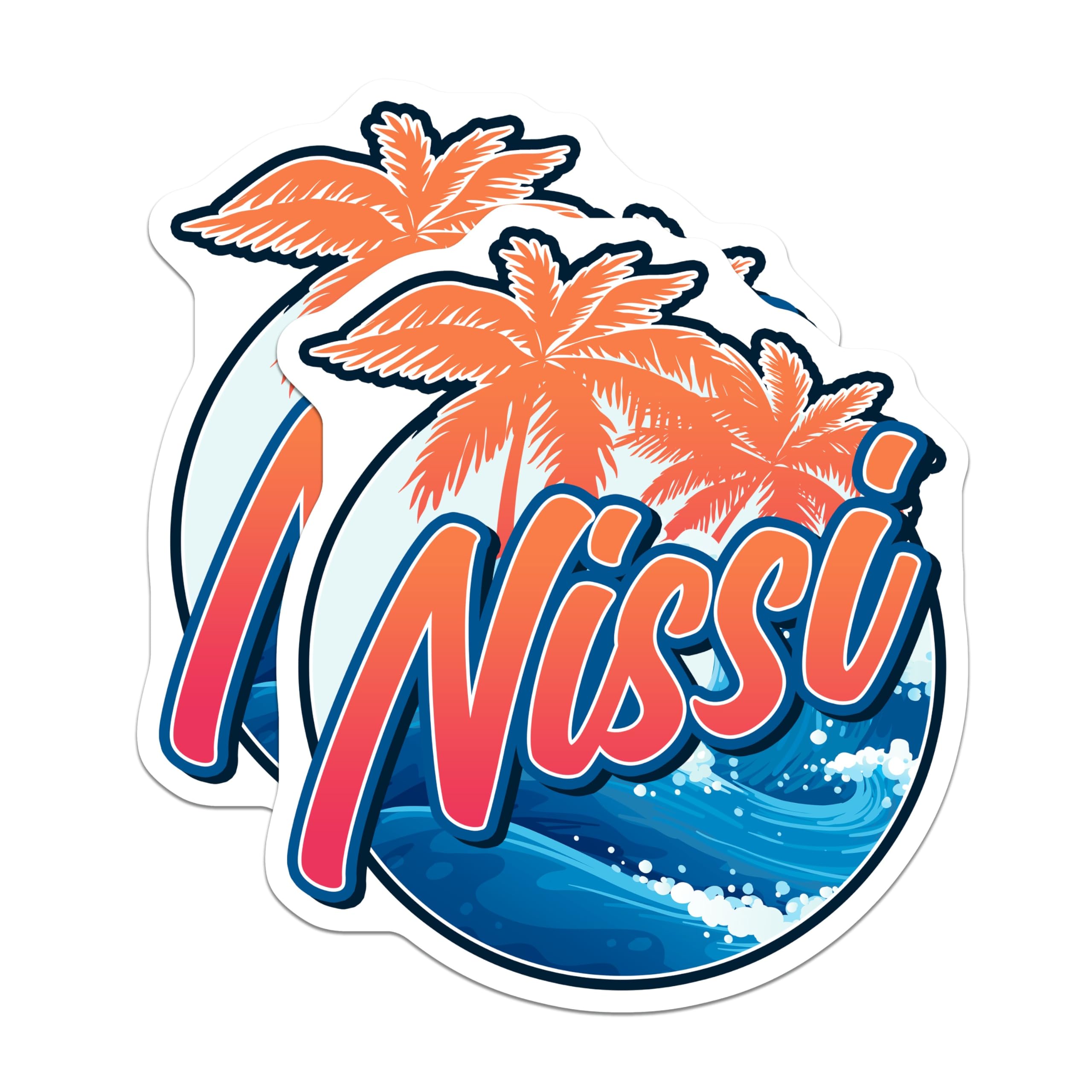 (2 Pack) Nissl Beach Stickers - Tropical Island Decal - Retro Vacation Art - 5" On Longest Side - Sticks to Smooth Flat Surfaces - Made in USA - BMCS17764