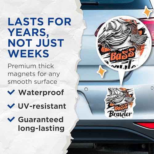 (2 Pack) Bass Brawler Magnets - Fish Lover Magnets - Fishing Enthusiast Fridge Magnets - 5" On Longest Side - for Cars, Refrigerators, Toolboxes, Lockers - Made in USA BMCS3355