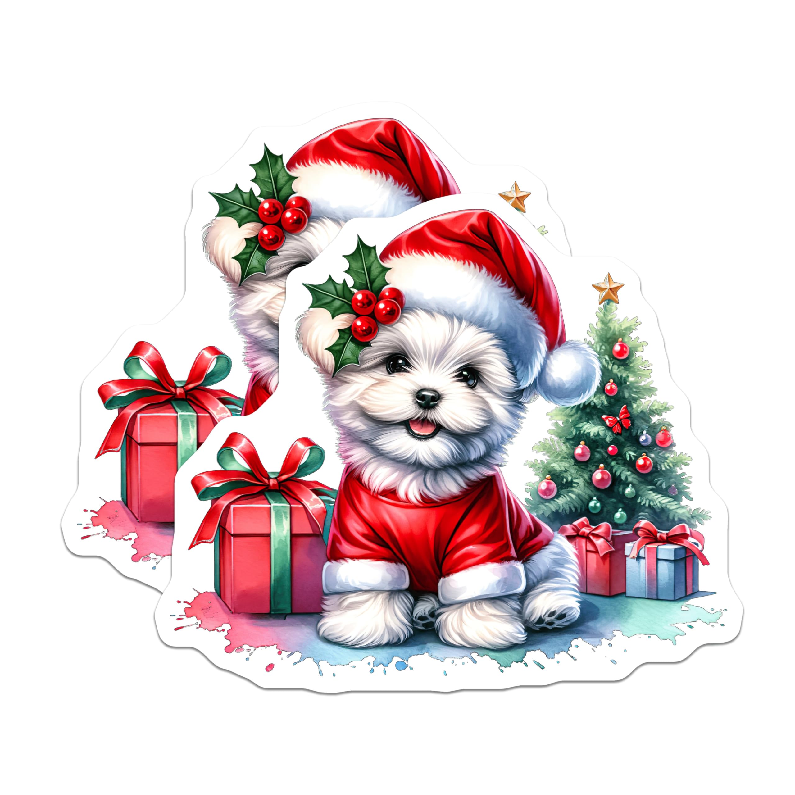 (2 Pack) Christmas Puppy Magnets - Santa Dog Holiday Decor - Festive Maltese Puppy Home Accents - 5 Inches On Longest Side - Thick Durable Magnet - Made in USA - MAG24287
