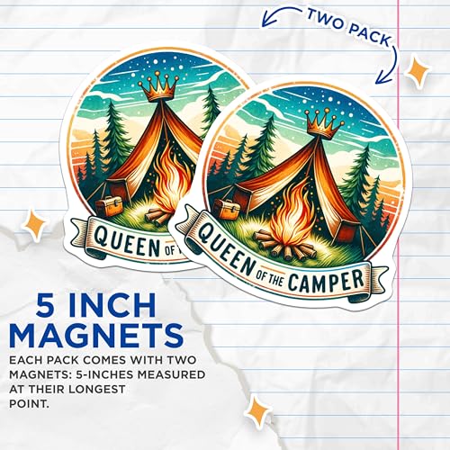 (2 Pack) Queen of The Camper Magnets - Camping Decor - Outdoor Enthusiast - Campfire Lover - Nature Adventure - Hiking Trip - 5" On Longest Side - for Cars, Fridges, Toolboxes - Made in USA - MAG6788