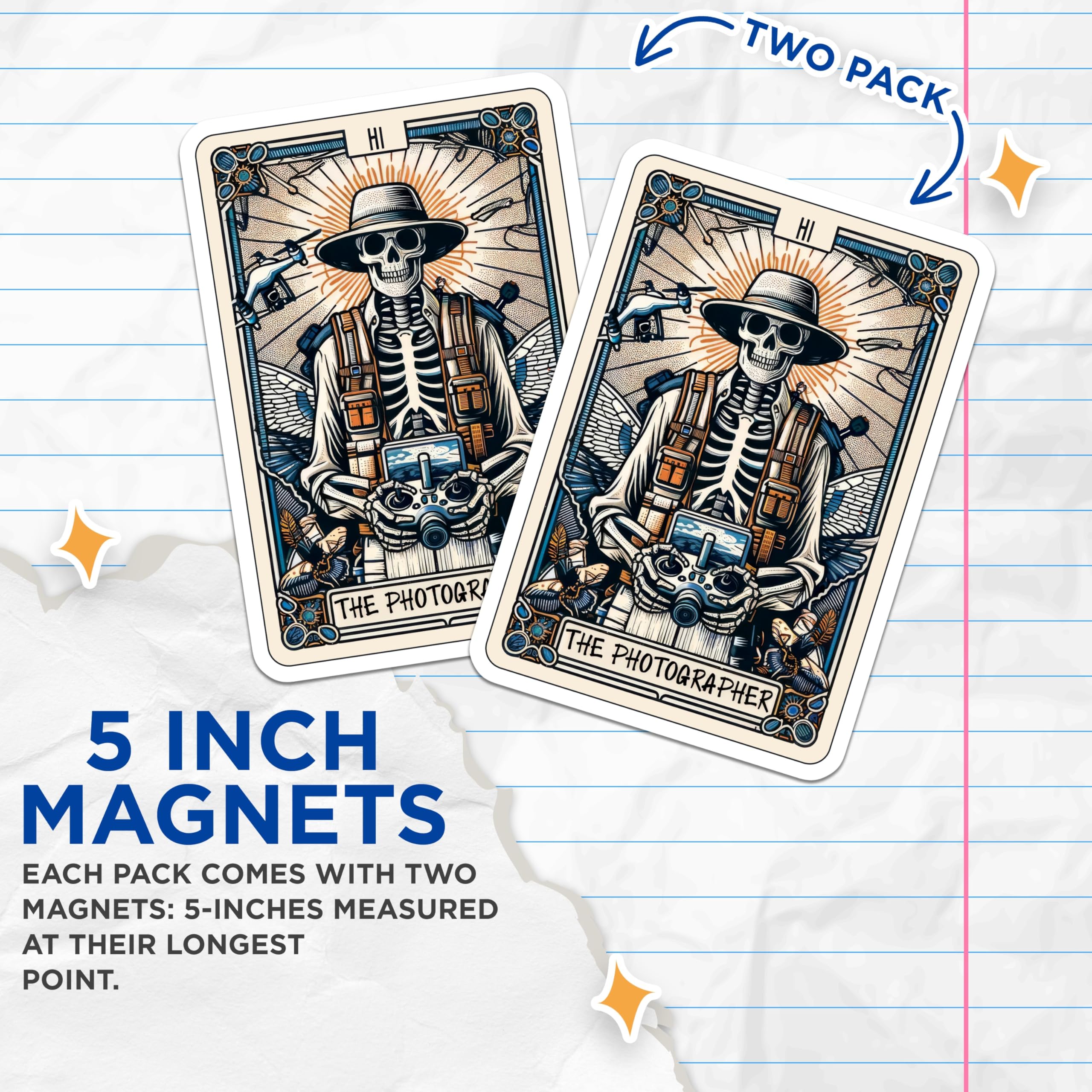 (2 Pack) Skeleton Photographer Magnets - Drone Pilot Illustration - Gothic Tarot Card Artwork - Camera Enthusiast Decor - 5 Inches On Longest Side - Thick Durable Magnet - Made in USA - MAG23006