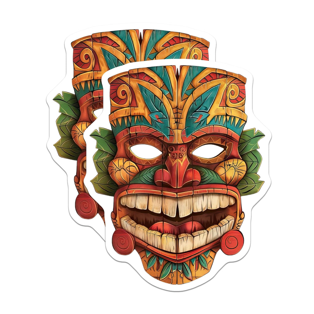 (2 Pack) Intricate Carved Tiki Mask Magnets - Vibrant Tropical Island Art Decor - Polynesian Cultural Refrigerator Accent - 5 Inches On Longest Side - Thick Durable Magnet - Made in USA - MAG20739
