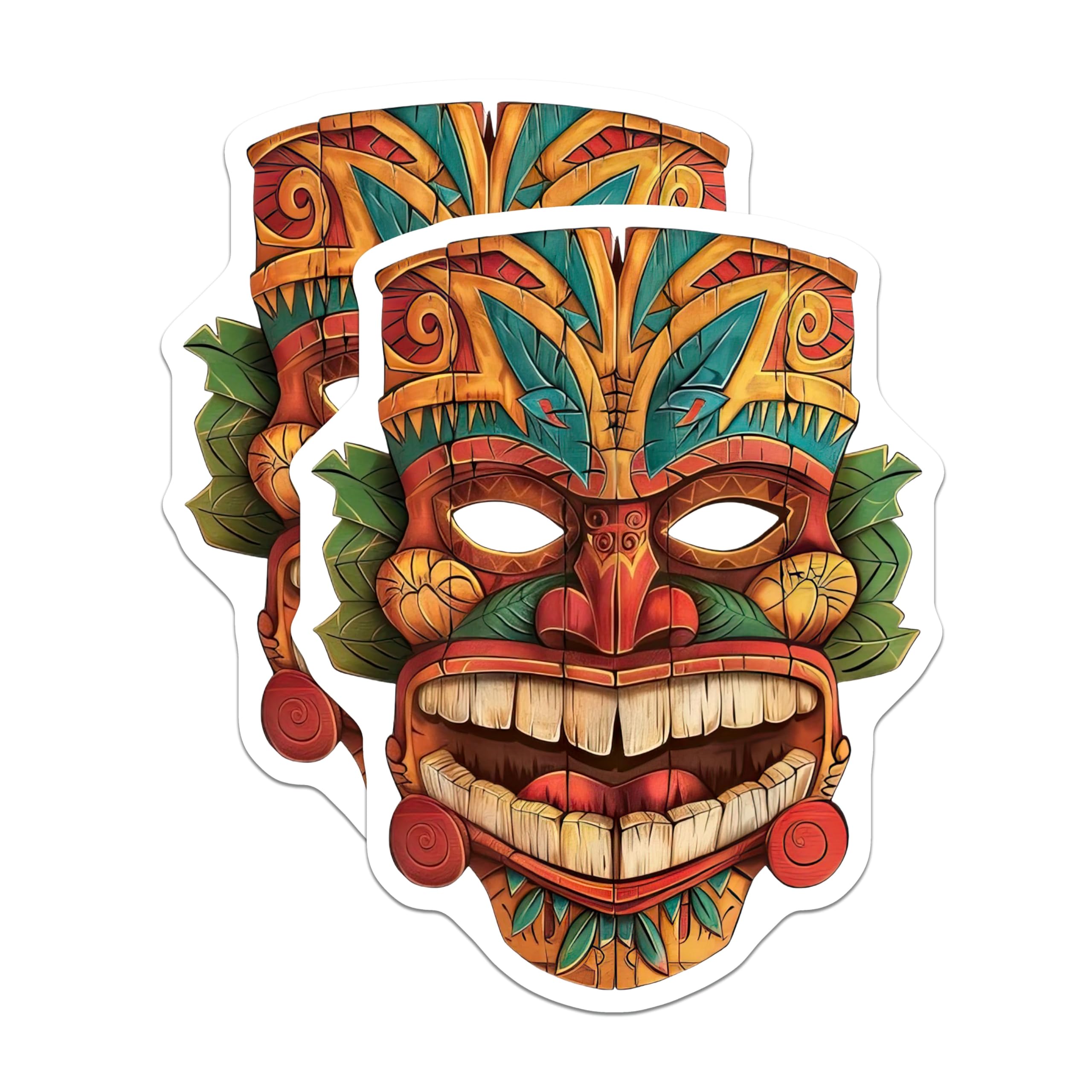 (2 Pack) Intricate Carved Tiki Mask Magnets - Vibrant Tropical Island Art Decor - Polynesian Cultural Refrigerator Accent - 5 Inches On Longest Side - Thick Durable Magnet - Made in USA - MAG20739