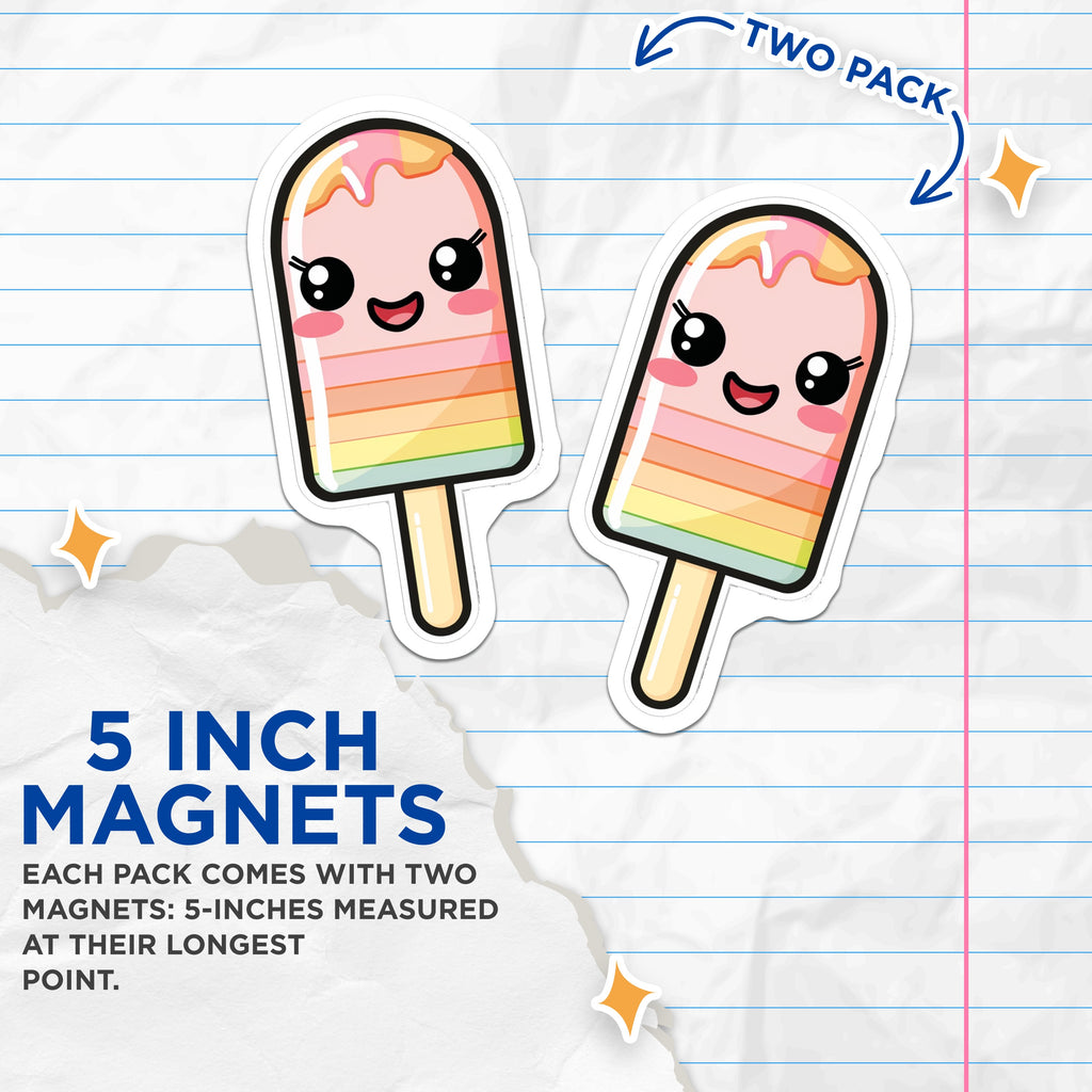 (2 Pack) Kawaii Popsicle Magnets - Rainbow Ice Pop - Cute Fridge Decor - 5 Inches On Longest Side - Thick Durable Magnet - Made in USA - MAG38395