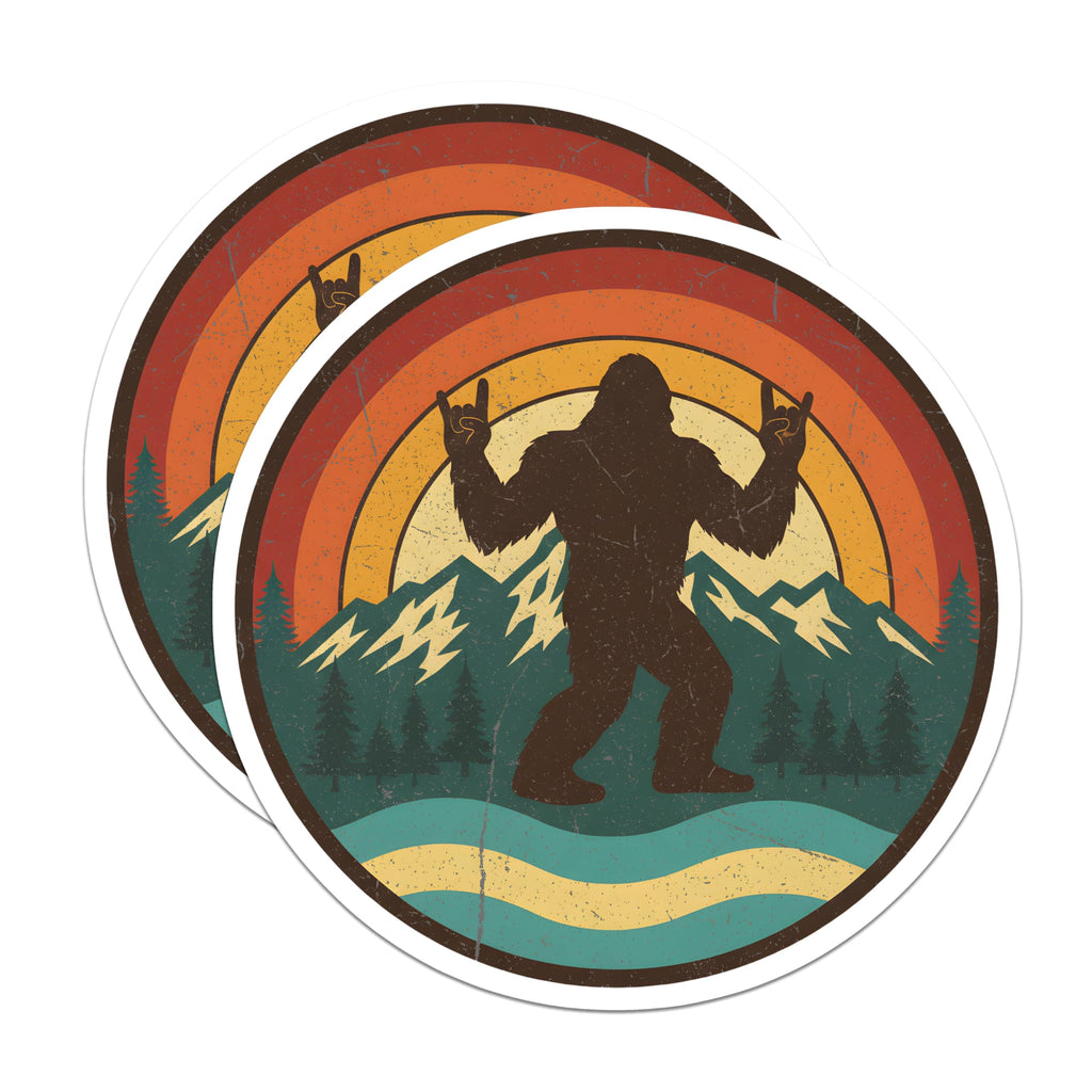 (2 Pack) Bigfoot Magnets - Sasquatch Rock Sign - Retro Mountain Sunset - Camping Cryptid Decor - 5 Inches On Longest Side - Thick Durable Magnet - Made in USA - MAG22506