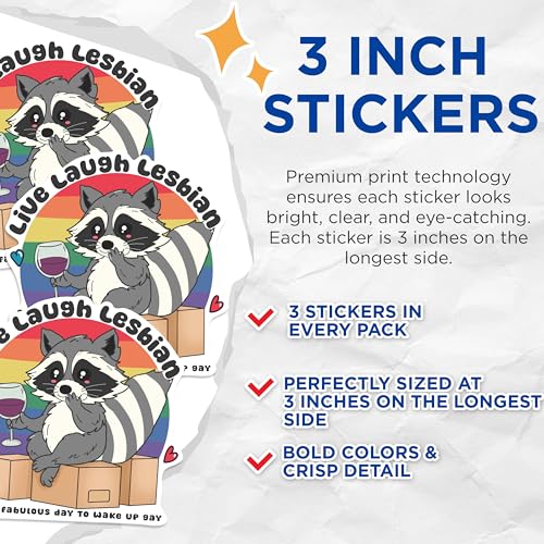 (3 Pack) Lesbian Raccoon Decals - Live Laugh Lesbian - Fabulous Gay Day Laptop Decal - 3 Inches On Longest Side - Easy Peel & Apply - Made in USA - 3MCS0884