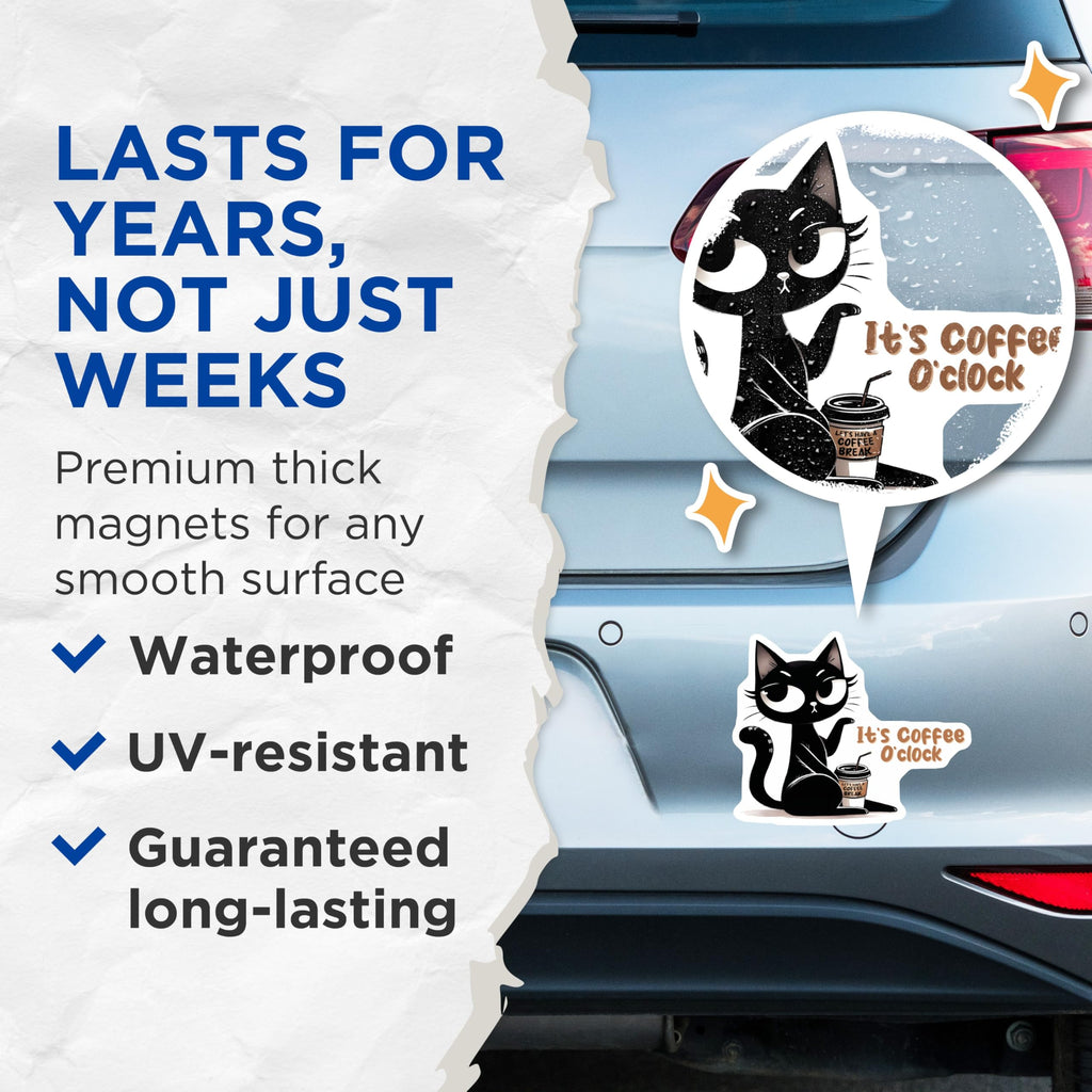 (2 Pack) Cat Coffee Magnets - Black Cat Magnet - Coffee Oclock Fridge Magnets - 5" On Longest Side - Premium Magnet - for Cars, Refrigerators, Toolboxes, Lockers - Made in USA - MAG16486