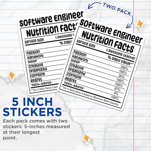 (2 Pack) Software Engineer Stickers - Nutrition Facts Stickers - Funny Tech Stickers - 5" On Longest Side - Sticks to Smooth Flat Surfaces - Made in USA - BMCS5047
