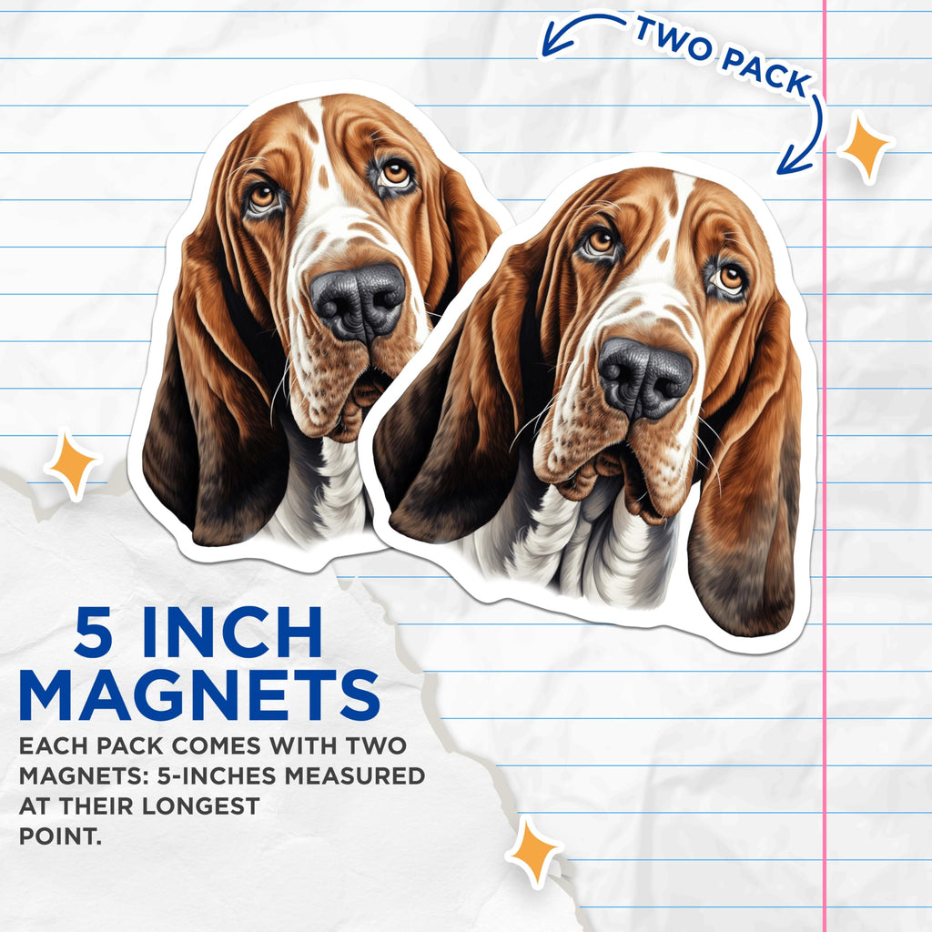 (2 Pack) Basset Hound Magnets - Adorable Dog Breed Refrigerator Decor - Canine Pet Owner Artwork - Unique Animal Houseware - 5 Inches On Longest Side - Thick Durable Magnet - Made in USA - MAG23912