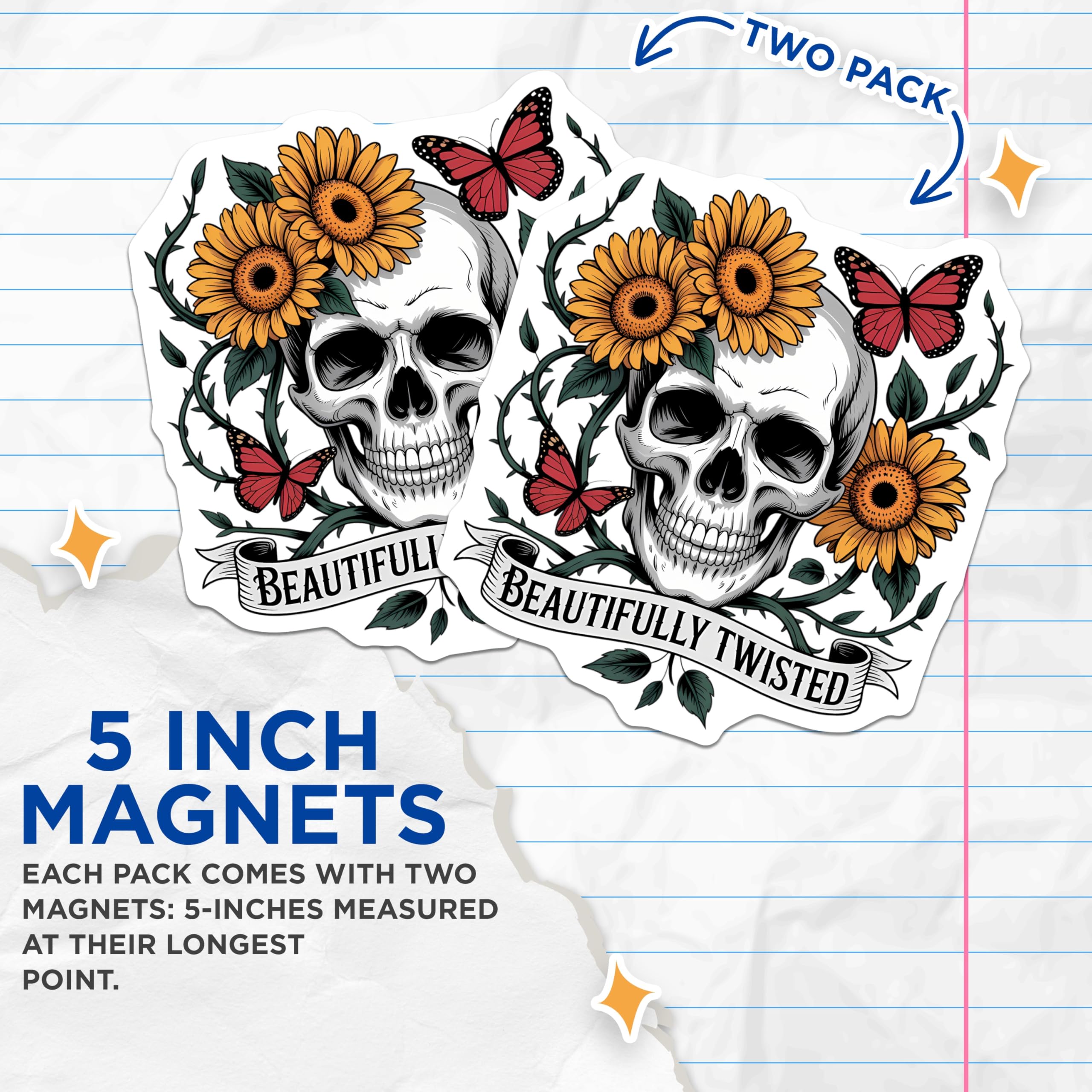 (2 Pack) Sunflower Skull Magnets - Beautifully Twisted Decor - Butterfly Goth Aesthetic - 5 Inches On Longest Side - Thick Durable Magnet - Made in USA - MAG20888
