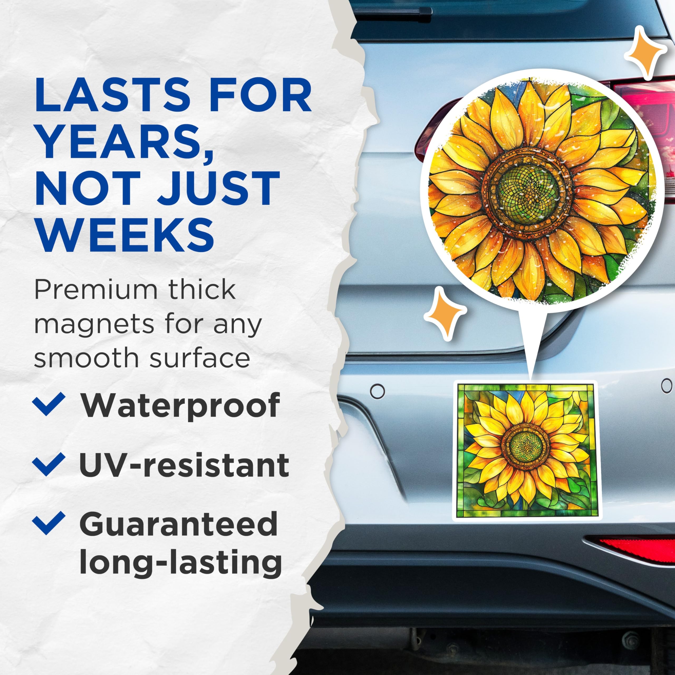 (2 Pack) Stained Glass Sunflower Magnets - Floral Refrigerator Decor - Botanical Kitchen Accents - 5 Inches On Longest Side - Thick Durable Magnet - Made in USA - MAG27374