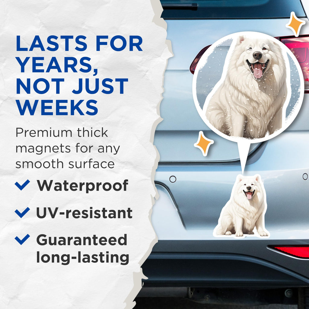 (2 Pack) Samoyed Dog Magnets - Fluffy White Dog Decor - Happy Puppy Animal Art - 5 Inches On Longest Side - Thick Durable Magnet - Made in USA - MAG26599