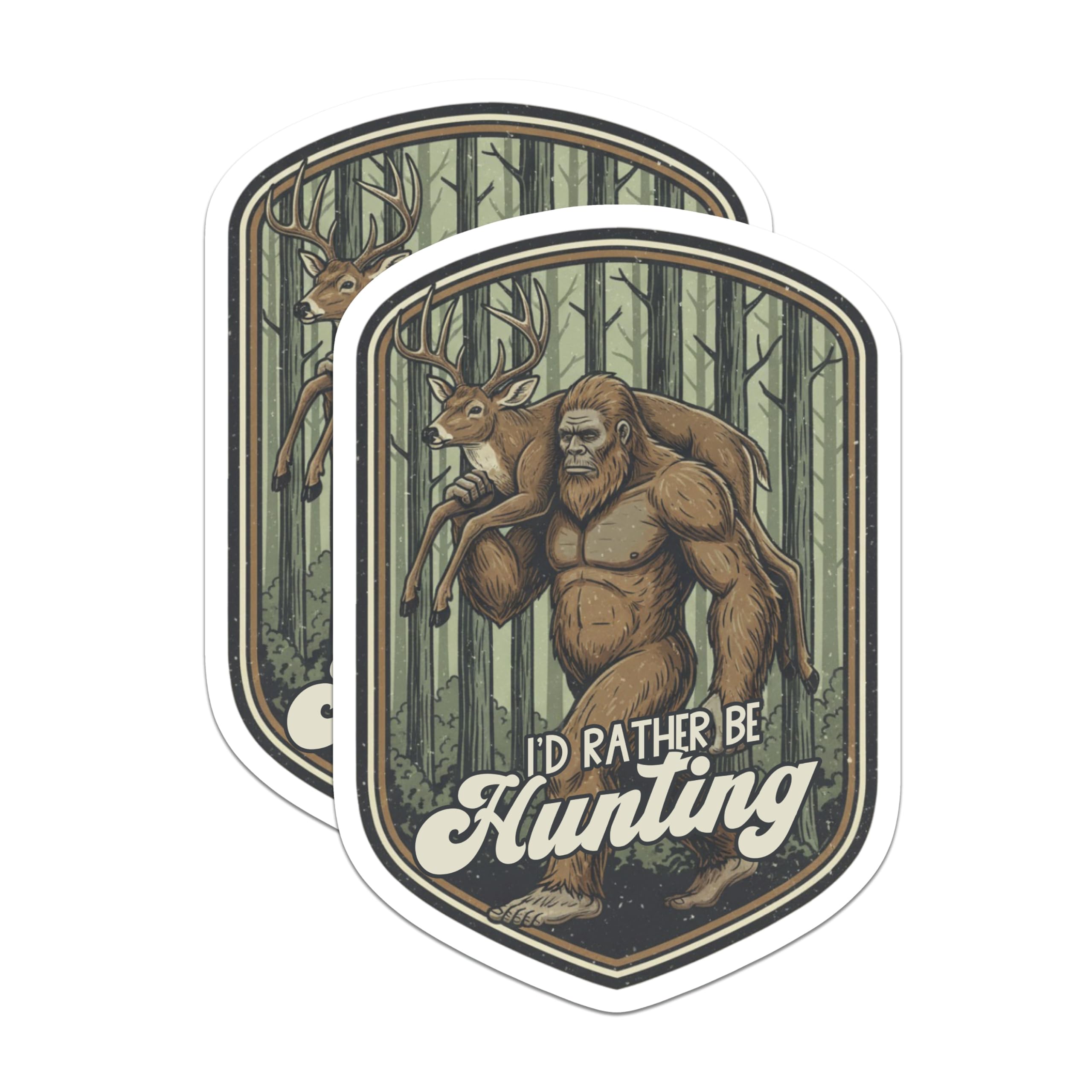 (2 Pack) Bigfoot Hunting Stickers - Funny Sasquatch - Deer Hunter- 5" On Longest Side - Sticks to Smooth Flat Surfaces - Made in USA - BMCS16869