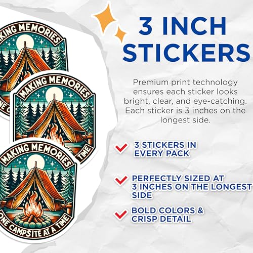 (3 Pack) Camping Decals - Laptop Decal - Making Memories Decal- 3 Inches On Longest Side - Easy Peel & Apply - Made in USA - 3MCS5698