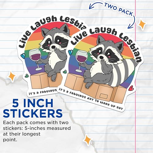 (2 Pack) Live Laugh Lesbian Stickers - Cute Pride Animal Stickers - Fun LGBTQ+ Stickers - 5" On Longest Side - Sticks to Smooth Flat Surfaces - Made in USA - BMCS7054