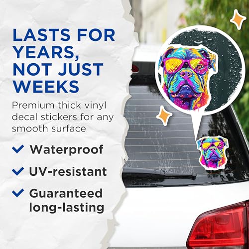 (2 Pack) Colorful Dog Stickers - Neon Dog Art Stickers - Bright Bulldog Stickers - 5" On Longest Side - Sticks to Smooth Flat Surfaces - Made in USA - BMCS7233