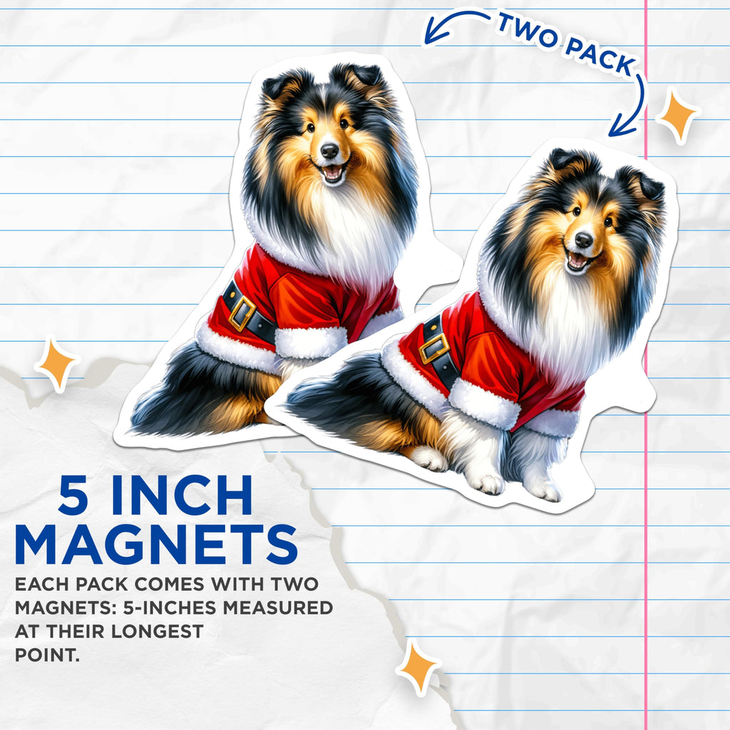 (2 Pack) Christmas Sheltie Dog Magnets - Santa Costume Collie Decor - Festive Animal Pet Refrigerator Magnets - 5 Inches On Longest Side - Thick Durable Magnet - Made in USA - MAG30844
