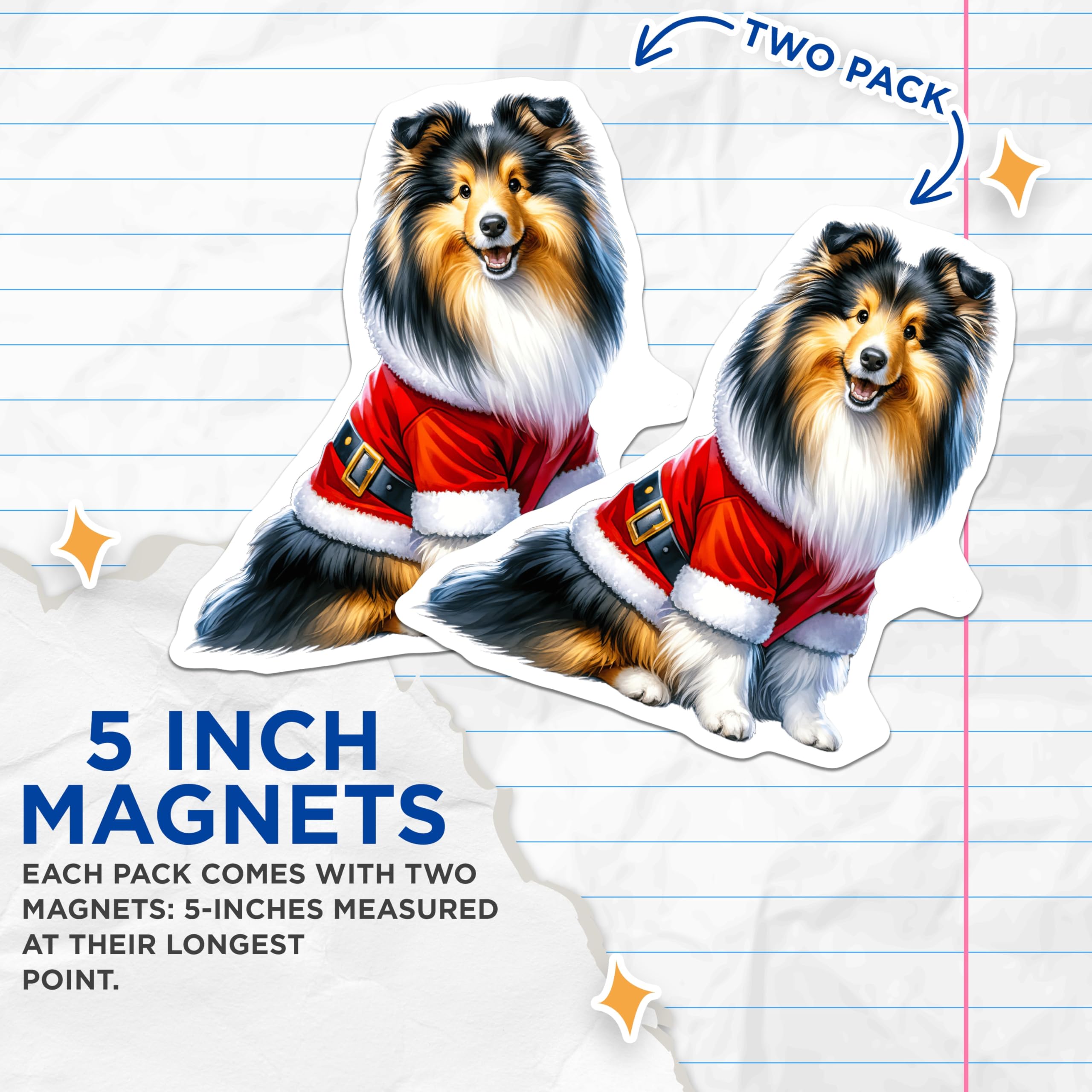 (2 Pack) Christmas Sheltie Dog Magnets - Santa Costume Collie Decor - Festive Animal Pet Refrigerator Magnets - 5 Inches On Longest Side - Thick Durable Magnet - Made in USA - MAG30844