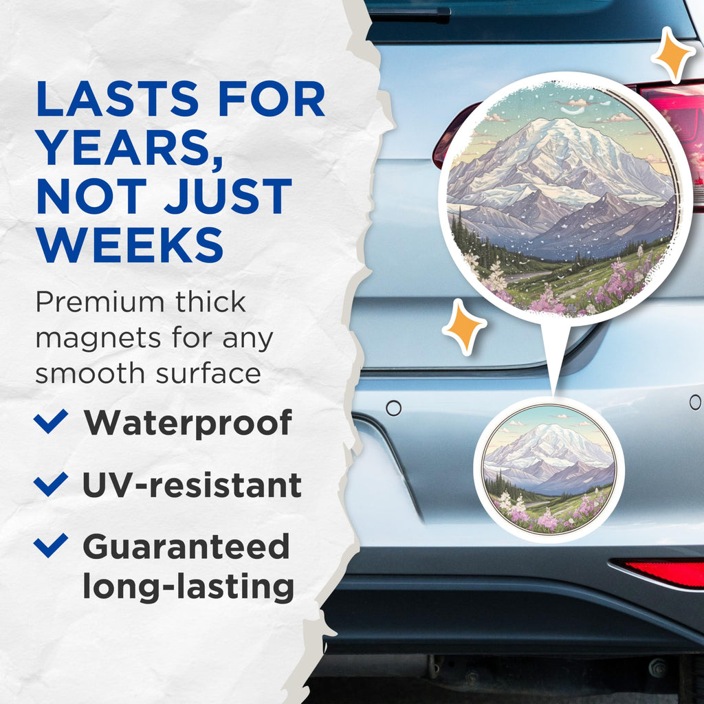 (2 Pack) Mountain Scene Magnets - Snowy Peak Art - Floral Valley Fridge Magnets - 5" On Longest Side - Premium Magnet - for Cars, Refrigerators, Toolboxes, Lockers - Made in USA - MAG17293