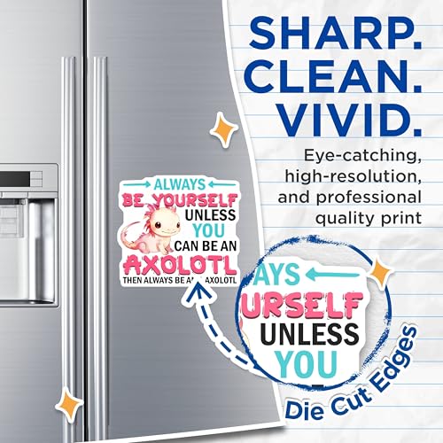 (2 Pack) Always Be Yourself Magnets - Funny Axolotl Quote - Inspirational Fridge Decor - 5" On Longest Side - for Cars, Fridges, Toolboxes - Made in USA - MAG7788