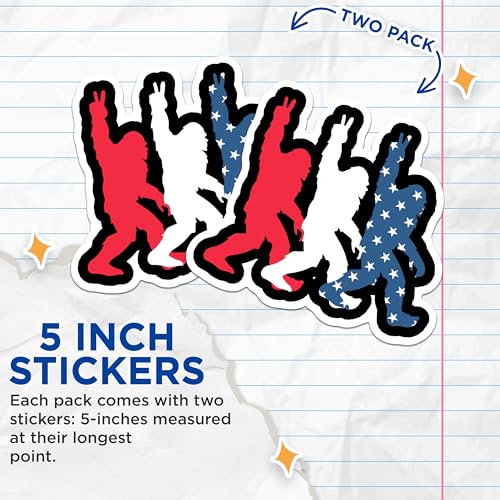 (2 Packs) Sasquatch Red White and Blue Stickers - Bigfoot American Colors USA Pride Decals - 5 Inches On Longest Side - Premium Vinyl Decal - Sticks To Any Smooth Flat Surface - Made In USA - BMCS2350