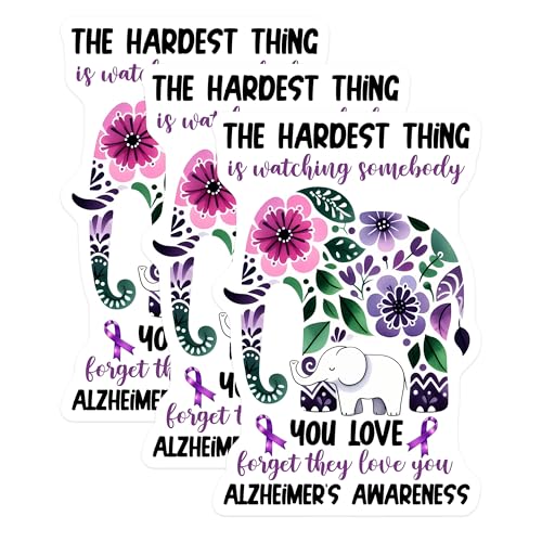 (3 Pack) Alzheimer's Awareness Decals - Elephant Decal - Floral Decal - 3 Inches On Longest Side - Easy Peel & Apply - Made in USA - 3MCS8543