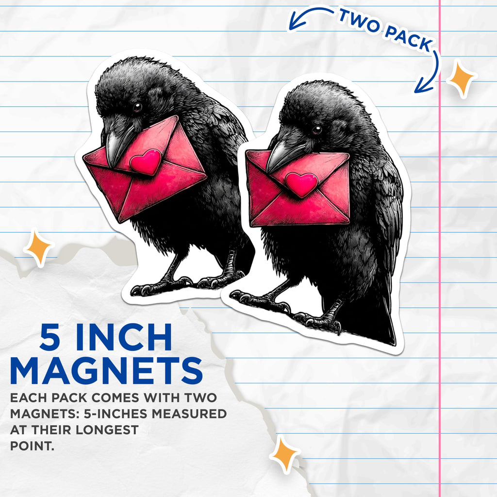 (2 Pack) Crow Love Letter Magnets - Raven Valentine Message Bird Artwork - Heart Envelope Romantic Fridge Decor - 5 Inches On Longest Side - Thick Durable Magnet - Made in USA - MAG21109
