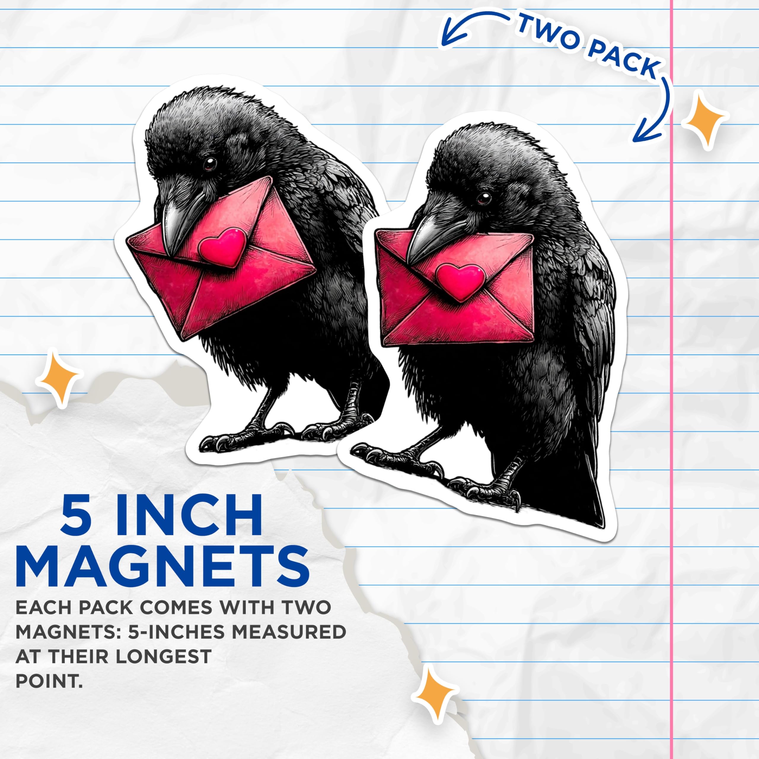 (2 Pack) Crow Love Letter Magnets - Raven Valentine Message Bird Artwork - Heart Envelope Romantic Fridge Decor - 5 Inches On Longest Side - Thick Durable Magnet - Made in USA - MAG21109