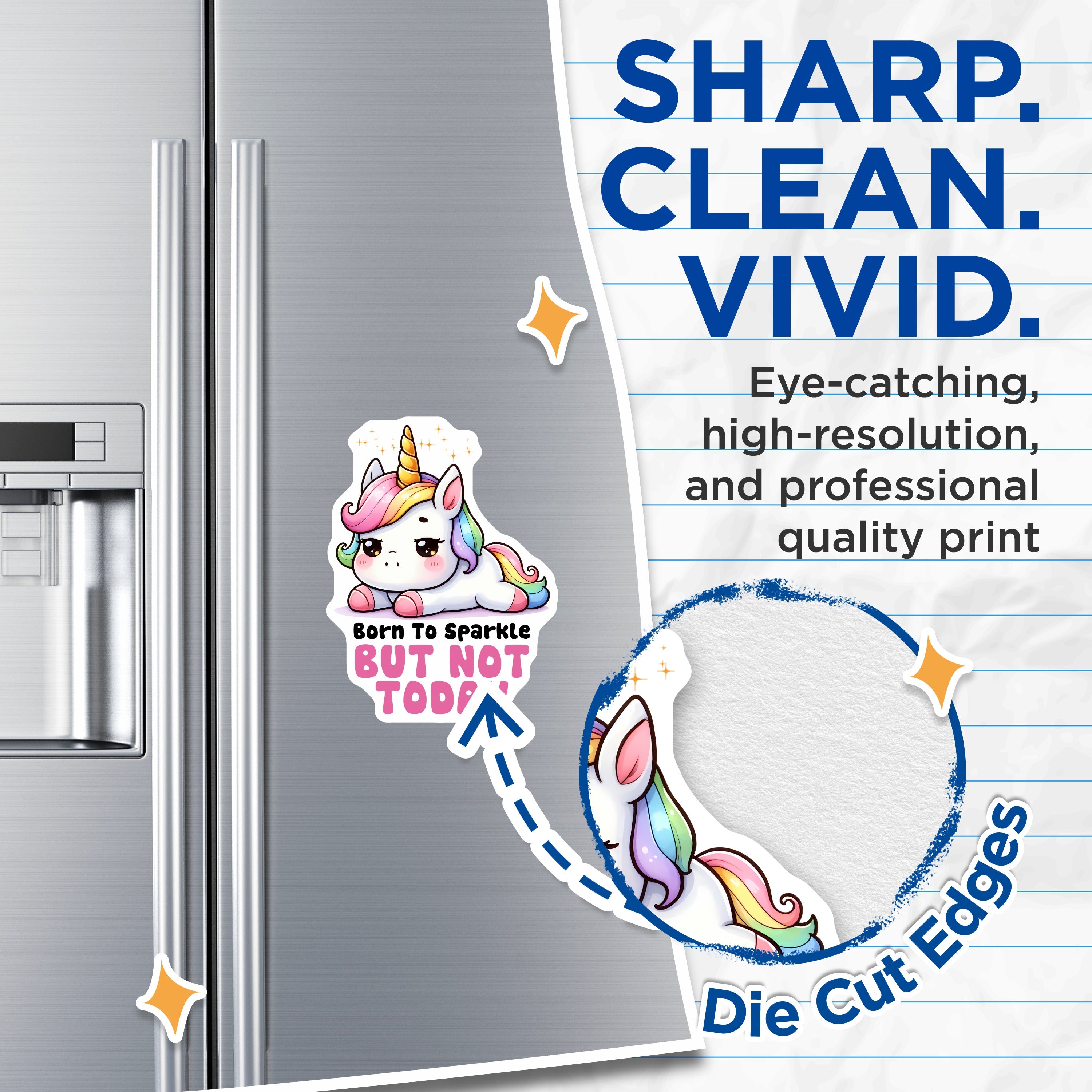(2 Pack) Funny Unicorn Magnets - Born to Sparkle But Not Today - Kawaii Sarcastic Humor Fridge Decor - 5 Inches On Longest Side - Thick Durable Magnet - Made in USA - MAG38191
