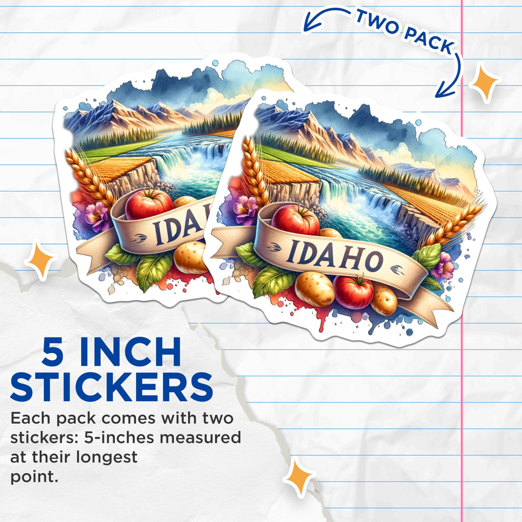 (2 Pack) Idaho State Stickers - Scenic Landscape Art - Travel Souvenir - Idaho Pride - Nature-Themed Stickers - 5" On Longest Side - Sticks to Smooth Flat Surfaces - Made in USA - BMCS6924