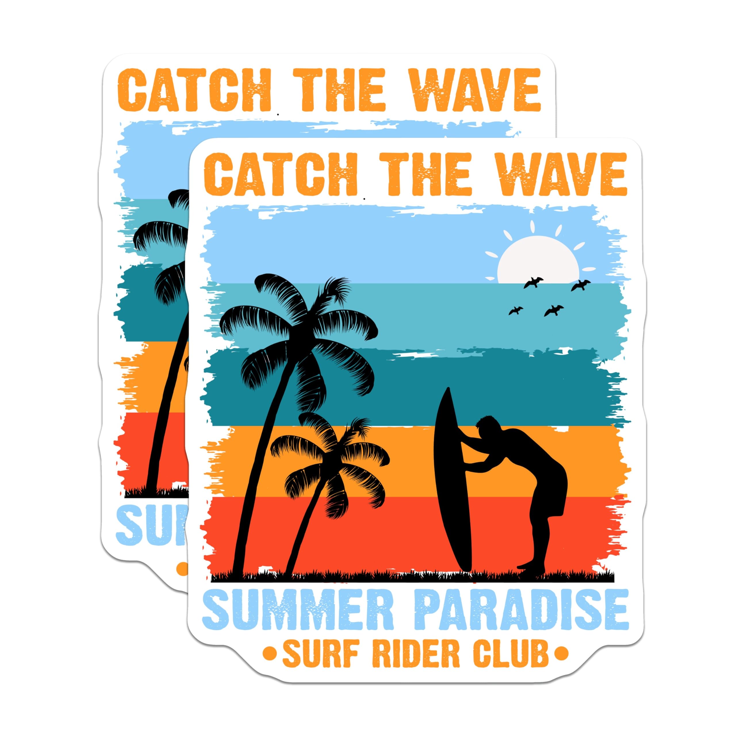 (2 Pack) Catch The Wave Surfing Magnets - Summer Paradise Beach Decor - Retro Ocean Scene - Palm Tree Surf Rider Club - 5 Inches On Longest Side - Thick Durable Magnet - Made in USA - MAG22664
