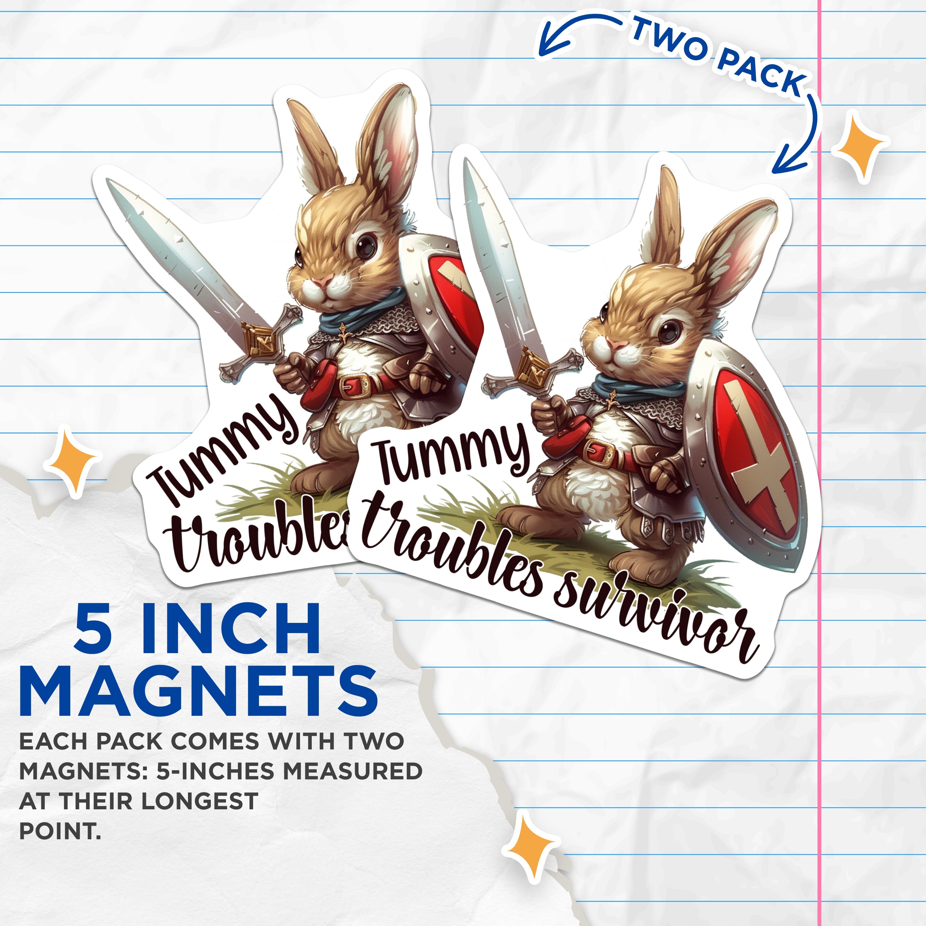 (2 Pack) Tummy Troubles Survivor Magnets - Cute Bunny Warrior Fridge - Chronic Illness Awareness Decor - 5 Inches On Longest Side - Thick Durable Magnet - Made in USA - MAG38551