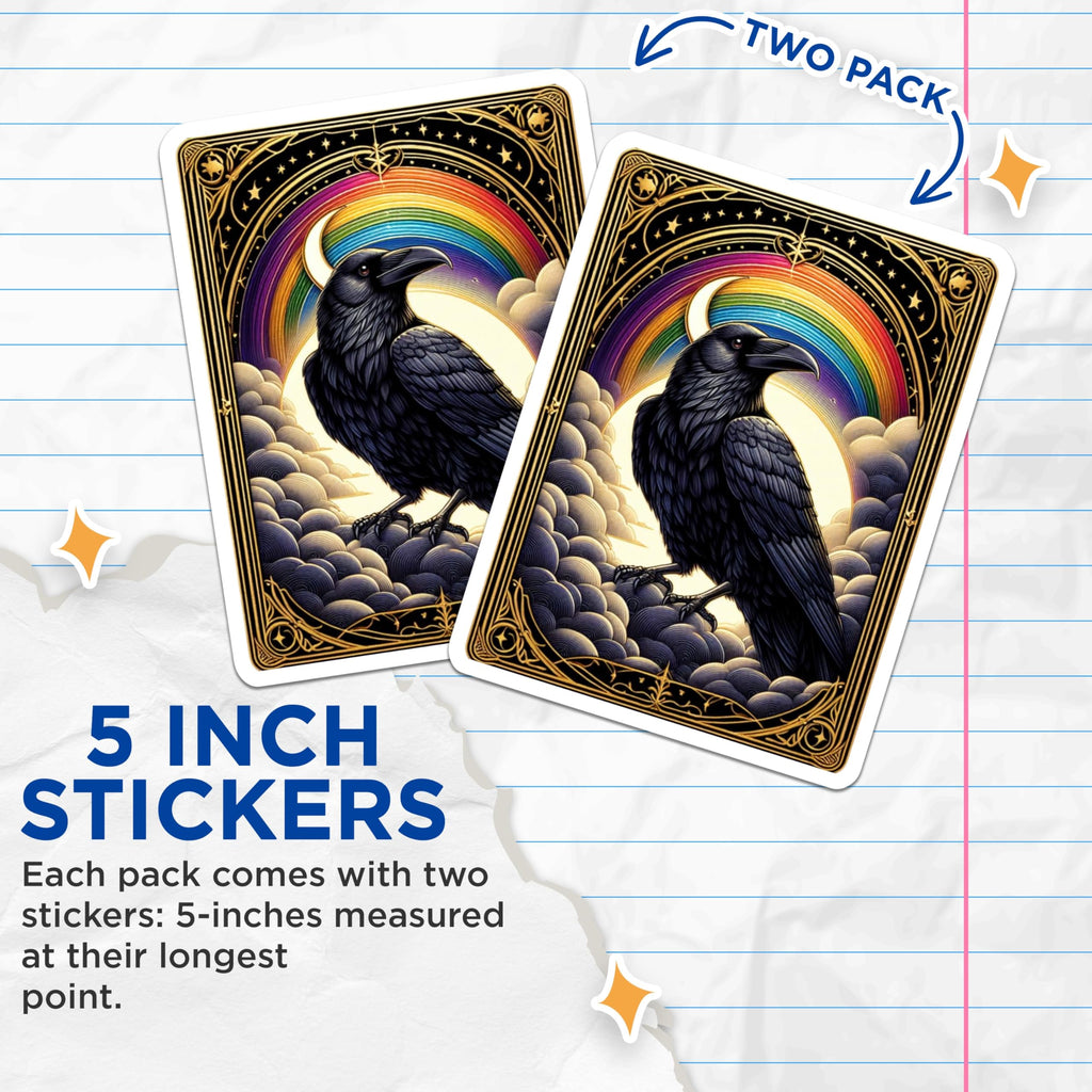(2 Pack) Rainbow Raven Stickers - Crescent Moon Crow Decal - Ornate Celestial Art - Dark Academia Style Decor - 5" On Longest Side - Sticks to Smooth Flat Surfaces - Made in USA - BMCS21490