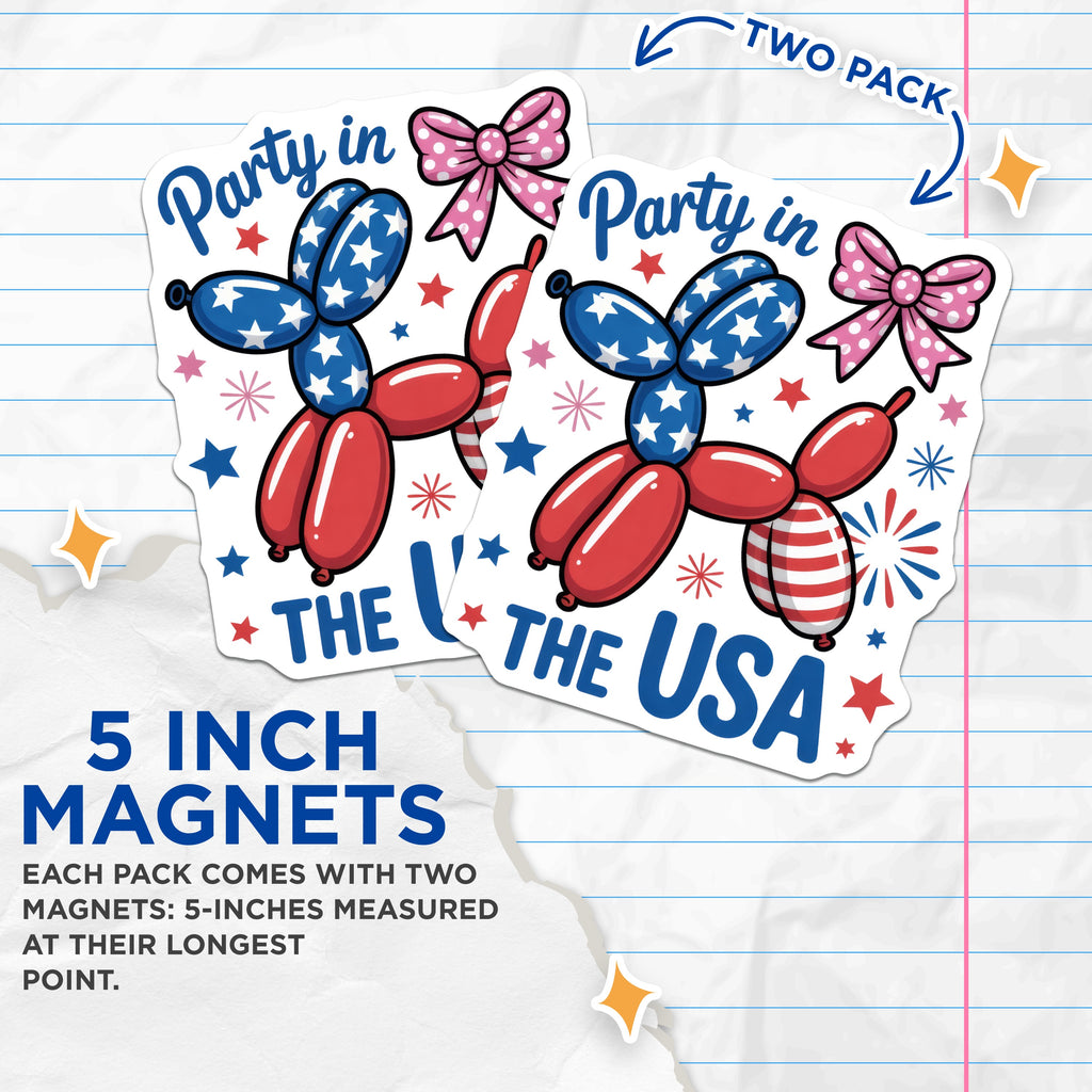 (2 Pack) Party USA Balloon Dog Magnets - Patriotic Celebration - Fourth of July Decor - 5 Inches On Longest Side - Thick Durable Magnet - Made in USA - MAG39838