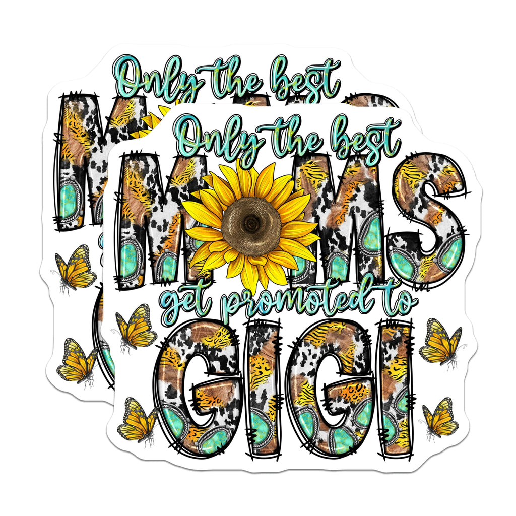 (2 Pack) Gigi Magnets - New Grandma Promotion - Sunflower Butterfly Western Cowhide Decor - 5 Inches On Longest Side - Thick Durable Magnet - Made in USA - MAG24726