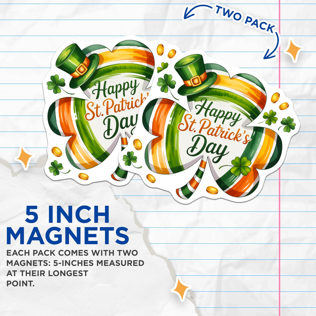 (2 Pack) St Patricks Day Magnets - Irish Shamrock Decor - Leprechaun Hat Celebration - Lucky Charm Refrigerator Accent - 5 Inches On Longest Side - Thick Durable Magnet - Made in USA - MAG28736